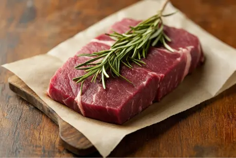 A piece of raw meat with rosemary on top.