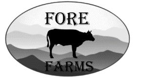 forefarms A black and white picture of a cow with the words fore farms in front.